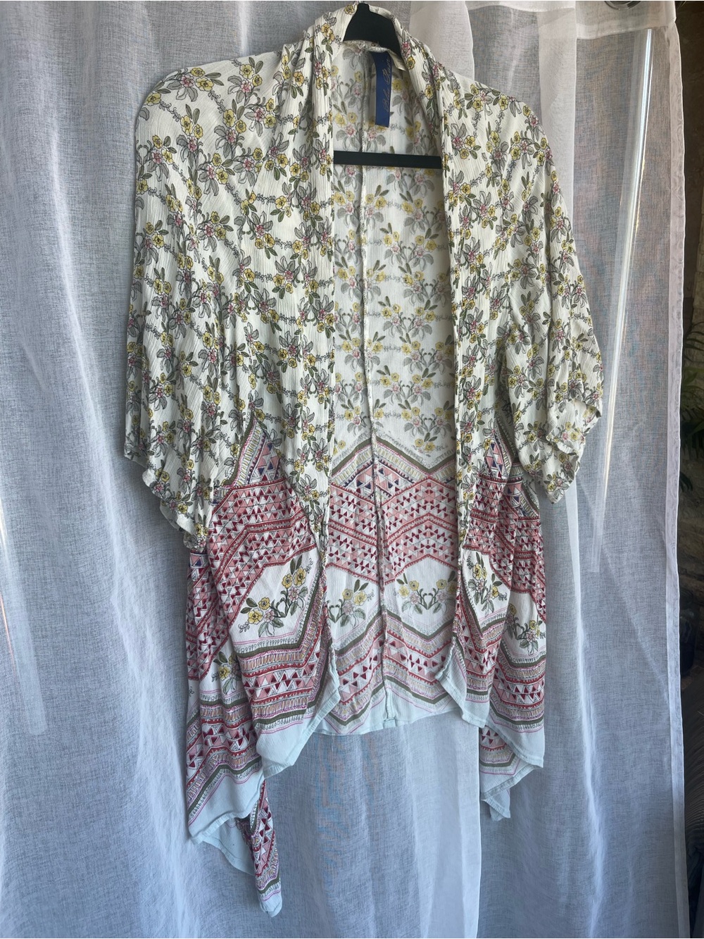 Blue Rain Floral Open-Front Kimono in White, Pink & Green